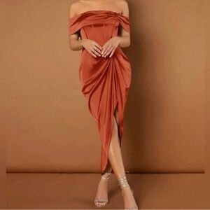 Rusty Asymmetrical Off-Shoulder Cocktail Gown